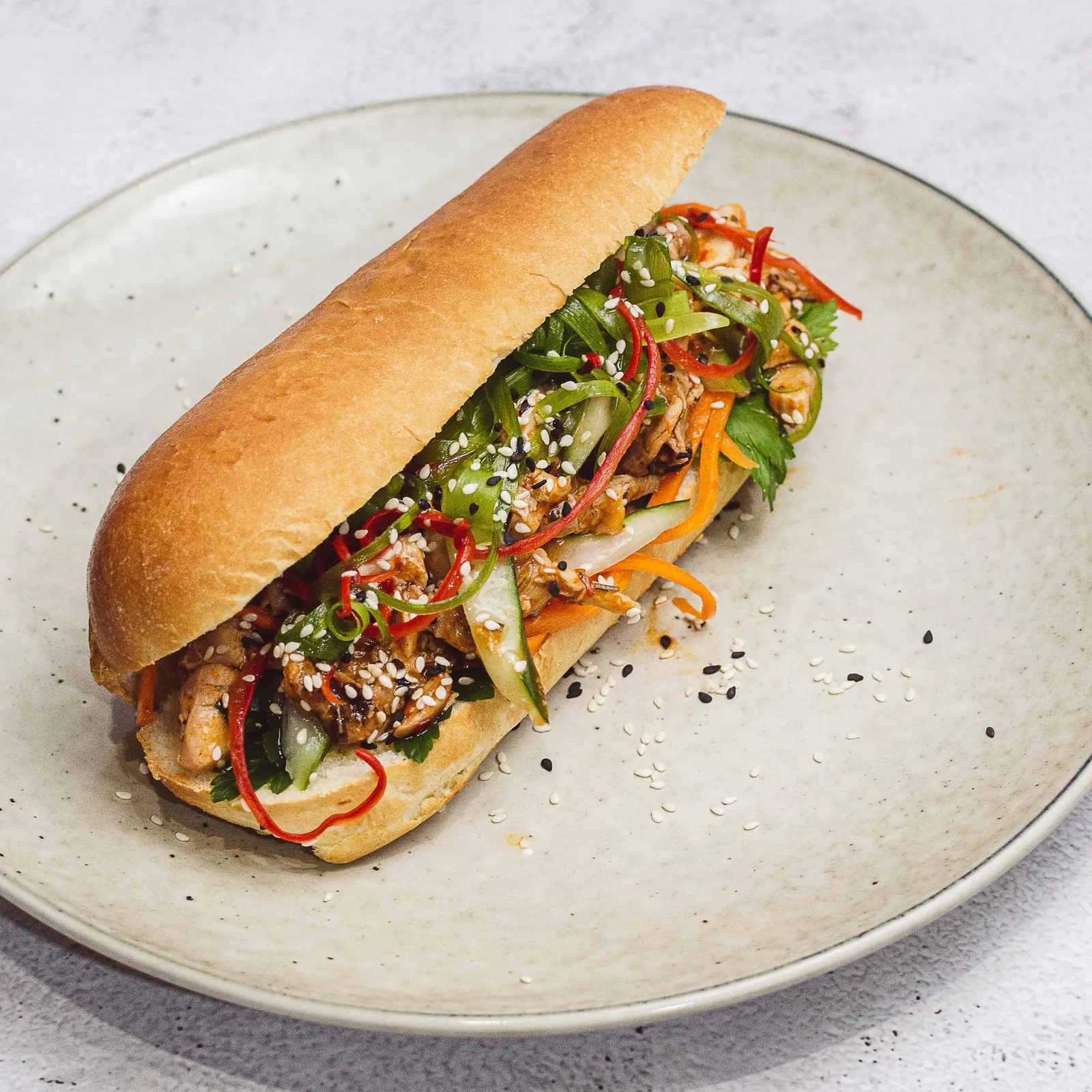 Asian chicken roll on ceramic plate with julienned vegetables, chilli and sesame seeds